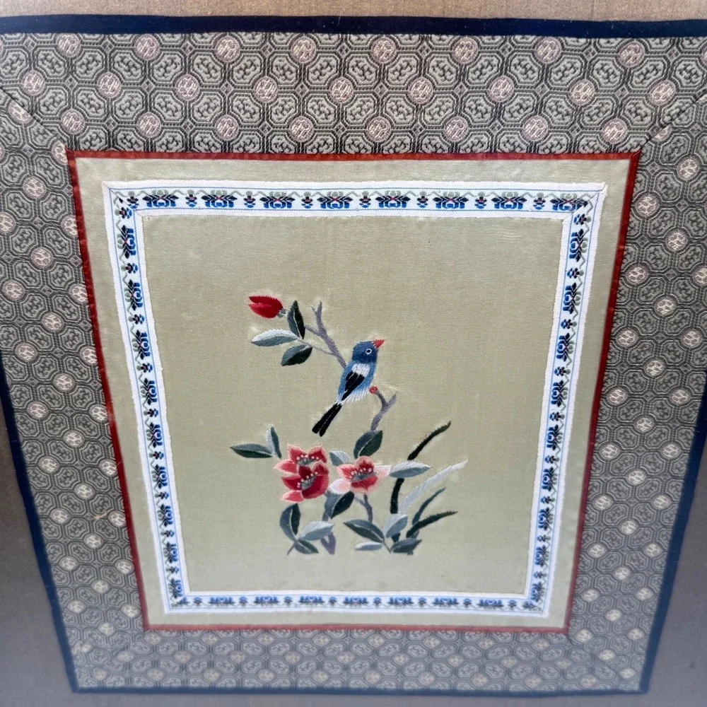 Chinese Silk Embroidery of Bird and Flowers in Bamboo Frame